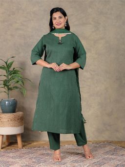 ARAMYA - Women Green Soft Cotton Striped Angrakha Kurta with Pant and Dupatta