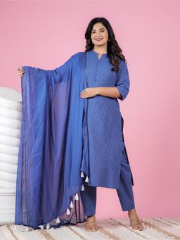 ARAMYA - Women Blue Kantha Cotton A-Line Striped Kurta with Pant and Dupatta