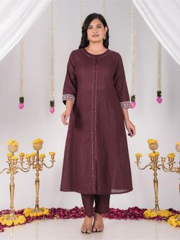 ARAMYA - Women Brown Lurex Cotton A-Line Striped Kurta with Pant