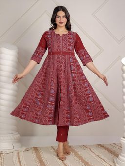 ARAMYA - Women Maroon Soft Cotton Geometric Print Anarkali Kurta with Pant
