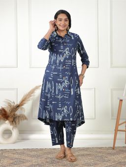 ARAMYA - Women Blue Soft Cotton High Low Abstract Print Kurta with Pant