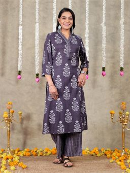 ARAMYA - Women Grey Soft Cotton Straight Floral Print Kurta with Palazzo