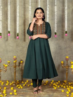 ARAMYA - Women Green Linen Cotton Solid Anarkali Kurta with Pant