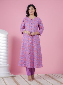 ARAMYA - Women Purple Soft Cotton A-Line Floral Print Kurta with Pant