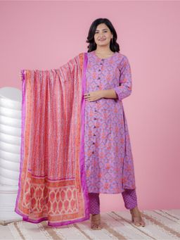 ARAMYA - Women Purple Soft Cotton A-Line Floral Print Kurta with Pant and Dupatta