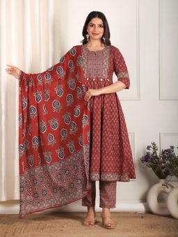 ARAMYA - Women Red Soft Cotton Ajrakh Print Anarkali Kurta with Pant and Dupatta
