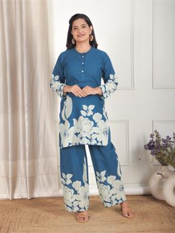 ARAMYA - Women Blue Soft Cotton Straight Placement Print Kurta with Palazzo