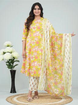 ARAMYA - Women Green Soft Cotton A-Line Floral Print Kurta with Pant and Dupatta