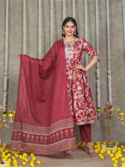 ARAMYA - Women Maroon Soft Cotton Paisley Print Anarkali Kurta with Pant and Dupatta