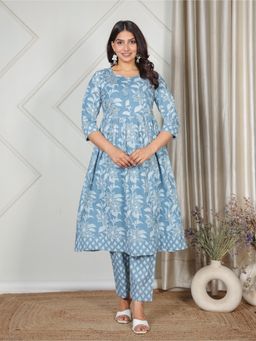 ARAMYA - Women Blue Soft Cotton A-Line Floral Print Kurta with Pant