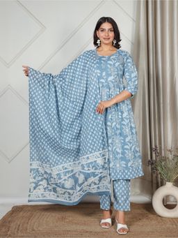 ARAMYA - Women Blue Soft Cotton A-Line Floral Print Kurta with Pant and Dupatta