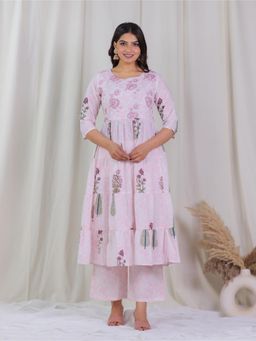 ARAMYA - Women Pink Soft Cotton Floral Print Anarkali Kurta with Palazzo