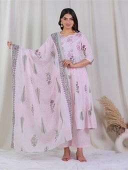 ARAMYA - Women Pink Soft Cotton Floral Print Anarkali Kurta with Palazzo and Dupatta