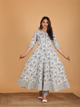 ARAMYA - Women White Soft Cotton Floral Print Anarkali Kurta with Pant
