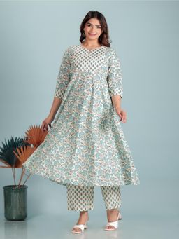 ARAMYA - Women Cream Soft Cotton Floral Print Anarkali Kurta with Palazzo