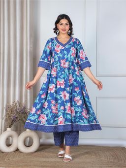 ARAMYA - Women Blue Soft Cotton Flared Floral Print Kurta with Pant