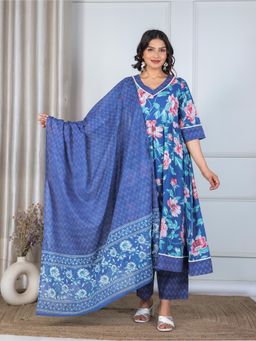 ARAMYA - Women Blue Soft Cotton Flared Floral Print Kurta with Pant and Dupatta