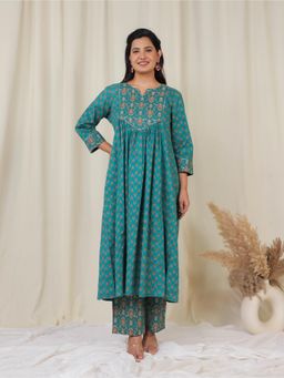 ARAMYA - Women Teal Soft Cotton A-Line Block Print Kurta with Pant