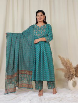 ARAMYA - Women Teal Soft Cotton A-Line Block Print Kurta with Pant and Dupatta