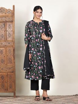 ARAMYA - Women Black Soft Cotton Panelled Floral Print Kurta with Pant and Dupatta