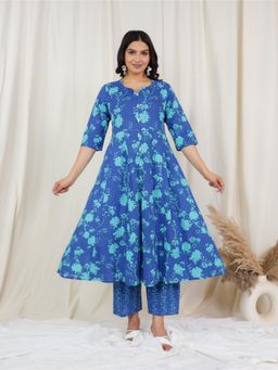 ARAMYA - Women Blue Soft Cotton Floral Print Kurta with Pant