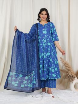 ARAMYA - Women Blue Soft Cotton Floral Print Kurta with Pant and Dupatta