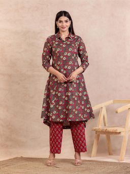 ARAMYA - Women Red Soft Cotton High Low Floral Print Kurta with Pant
