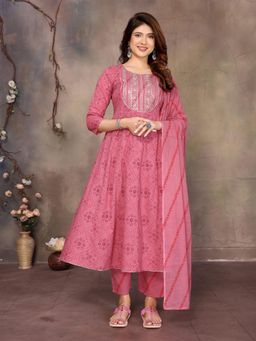 Rangita - Women Peach Cotton Embroidered Anarkali Kurta with Pant and Dupatta
