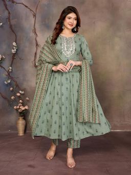 Rangita - Women Green Cotton Embroidered Anarkali Kurta with Pant and Dupatta