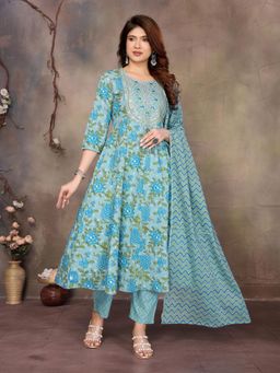Rangita - Women Blue Cotton Embroidered Anarkali Kurta with Pant and Dupatta
