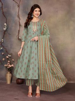 Rangita - Women Green Cotton Embroidered Anarkali Kurta with Pant and Dupatta