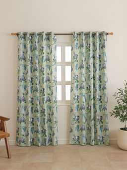 The Home Story - Sage Green Floral Duck Cotton Eyelet Window Curtains (Pack Of 2)