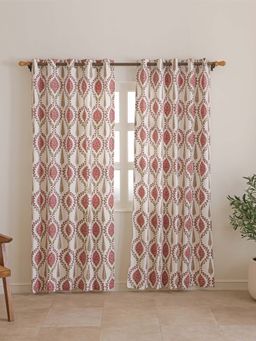 The Home Story - White Pink Medallion Duck Cotton Eyelet Window Curtains (Pack Of 2)