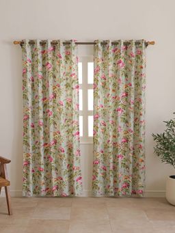 The Home Story - Green English Garden Duck Cotton Eyelet Window Curtains (Pack Of 2)