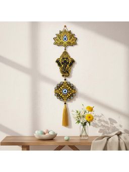 eCraftIndia - Multi-Color Gold Foil Embossed Wooden Evil Eye Lotus Ganesha Wall Hanging