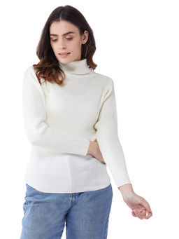 RVK - Women Off White Ribbed Pullover Sweater