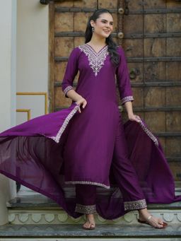 Libas - Women Purple Embroidered Kurta with Pant and Dupatta (Set of 3)