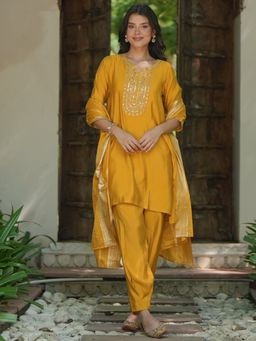 Libas - Women Yellow Embroidered Kurti with Pant and Dupatta (Set of 3)