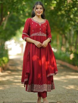 Libas - Women Maroon Zari Embroidered Anarkali Kurta with Pant and Dupatta (Set of 3)
