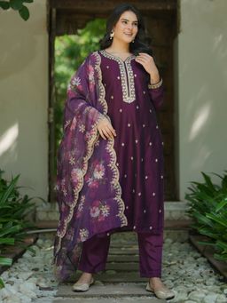 Libas - Women Wine Embroidered Kurta with Pant and Dupatta (Set of 3)