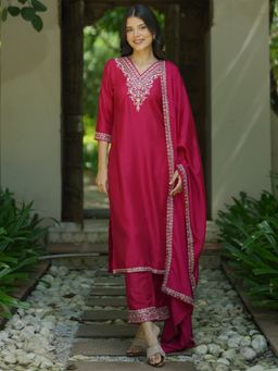 Libas - Pink Embroidered Kurta with Pant and Dupatta (Set of 3)