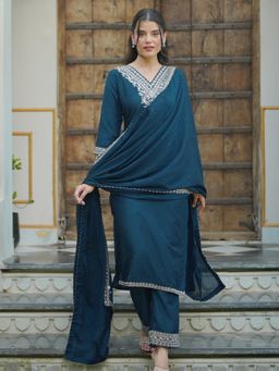 Libas - Teal Embroidered Kurta with Pant and Dupatta (Set of 3)