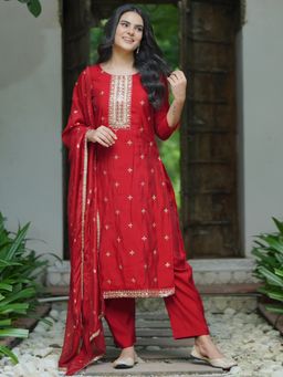 Libas - Maroon Silk Blend Self Design Kurta sets for Women