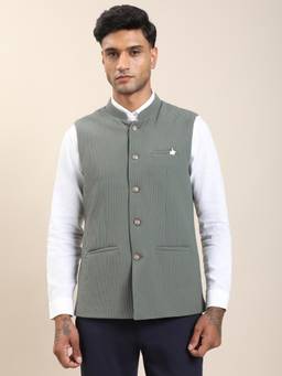 Turtle - Men Grey Knitted Slim Fit Spanish Nehru Jacket