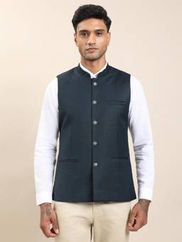 Turtle - Men Poly Viscose Self Design Slim Fit Navy Blue Nehru Jacket