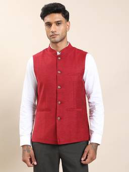 Turtle - Men Polycotton Solid Slim Fit Red Nehru Jacket