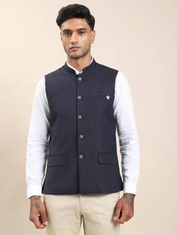 Turtle - Men Poly Viscose Stretch Solid Slim Fit Navy Blue Nehru Jacket