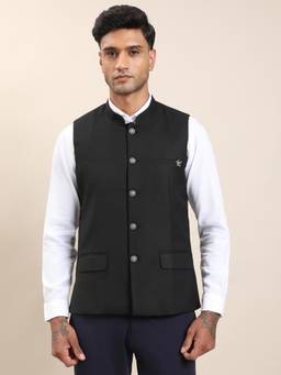 Turtle - Men Poly Viscose Stretch Solid Slim Fit Black Nehru Jacket