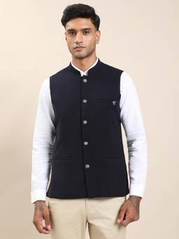 Turtle - Men Knitted Solid Slim Fit Navy Blue Nehru Jacket