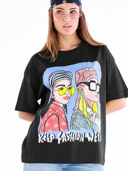 Bewakoof - Women's Black Weird Fashion Graphic Printed Oversized T-shirt